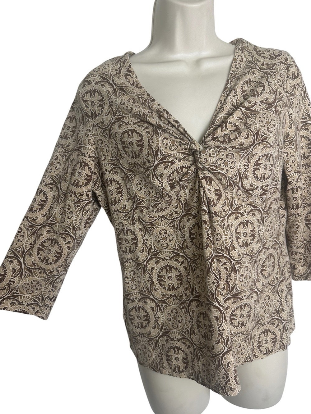 Talbots Beige and Brown Knot-Front Medallion Blouse